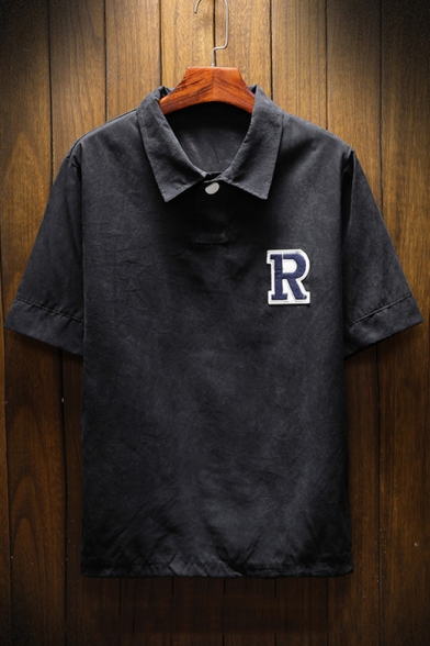 Simple Letter R Logo Chest Short Sleeve Mens Casual Loose Summer Polo Shirt