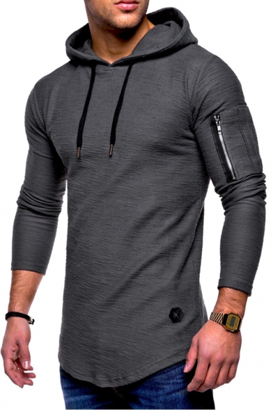 Simple Plain Fashion Zip Patched Long Sleeve Slim Fitted Hooded T-Shirt for Men
