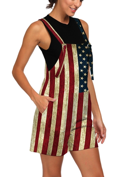 Womens Unique 3D Flag Checkerboard Printed Loose Fit Overalls Rompers