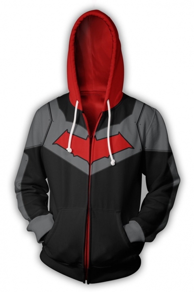 Cool 3D Cosplay Long Sleeve Zip Front Fitted Black Drawstring Hoodie