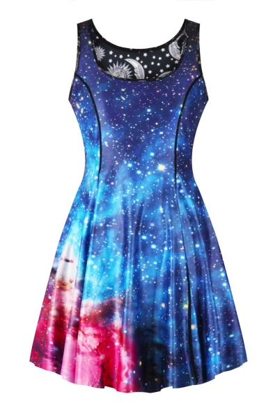 Cool 3D Blue Galaxy Printed Scoop Neck Sleeveless Reversible Mini A-Line Dress