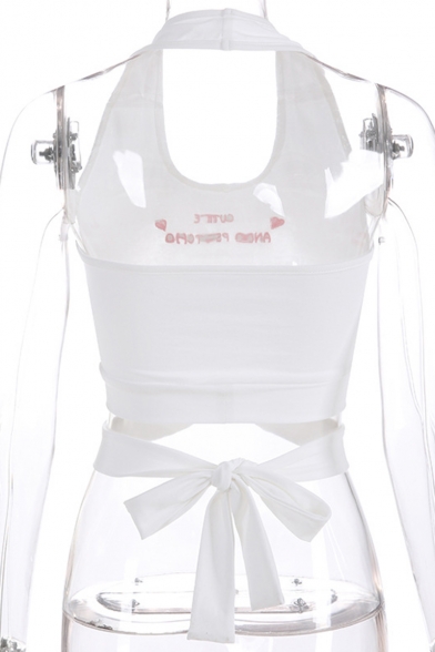 CUTE AND PSYCHO Letter Embroidery Halter Neck Tied Front Cropped White Tank Top