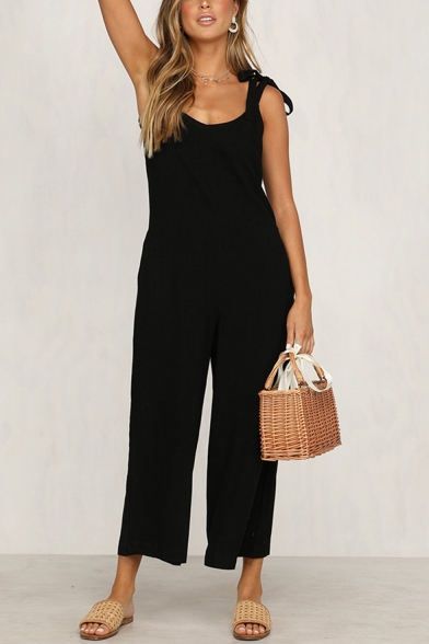Fashion Bow-Tied Strap Womens Summer Simple Plain Wide-Leg Casual Jumpsuits