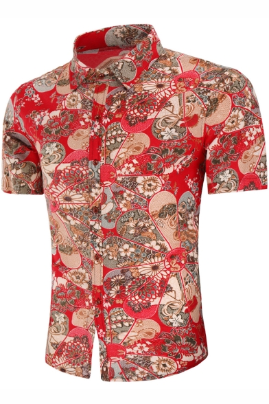 Fashion Floral Printed Men's Summer Short Sleeve Button-Up Slim Fit Red Shirt