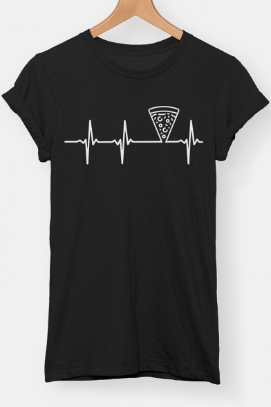 Funny Electrocardiogram Pizza Printed Basic Simple Short Sleeve Loose T-Shirt