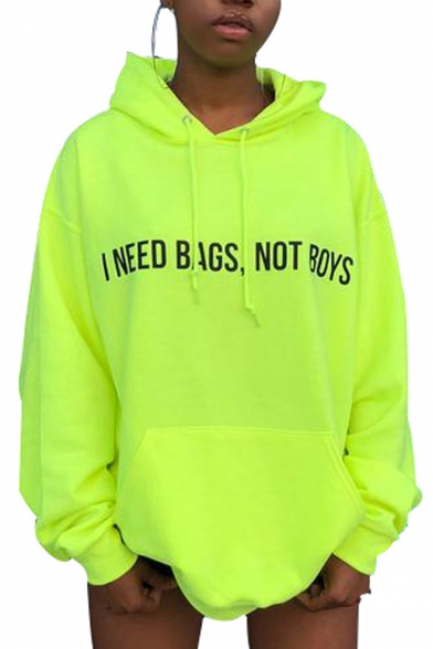 Letter I NEED BAGS NOT BOYS Pattern Long Sleeve Fluorescent Green Loose Longline Hoodie