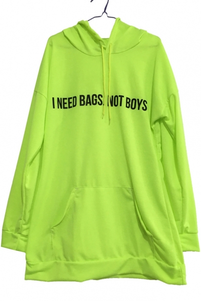 Letter I NEED BAGS NOT BOYS Pattern Long Sleeve Fluorescent Green Loose Longline Hoodie