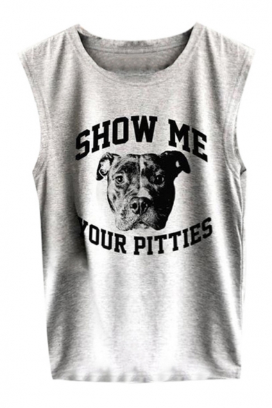 Letter SHOW ME YOUR PITTIES Dog Print Loose Leisure Sleeveless Round Neck Tank Top