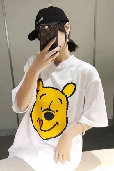Lovely Cartoon Pooh Bear Printed Short Sleeve Round Neck Loose T-Shirt