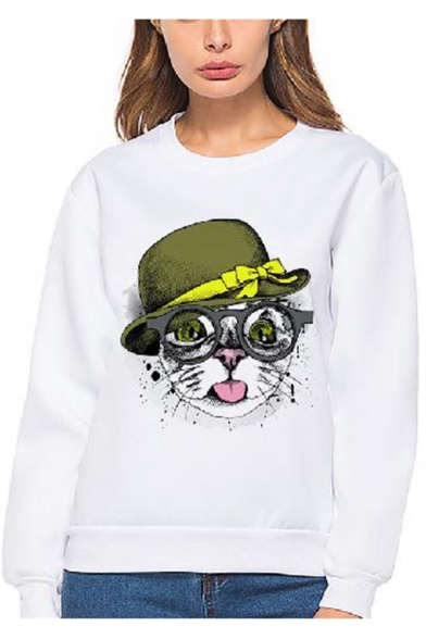 Lovely Cool Cartoon Cat Printed Long Sleeve Crewneck White Pullover Sweatshirt