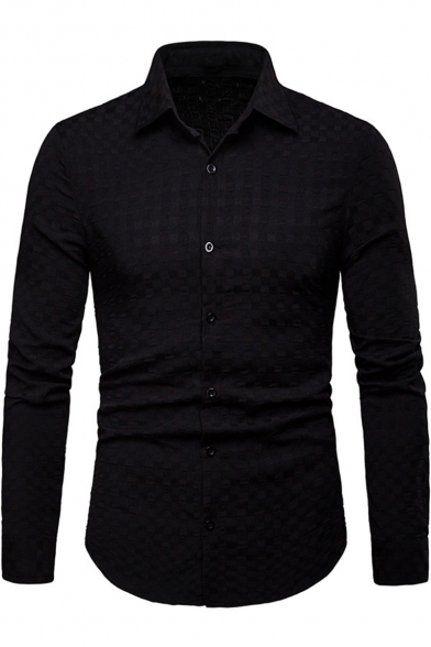 Men's New Trendy Unique Dark Lattice Solid Color Long Sleeve Fitted Business Shirt