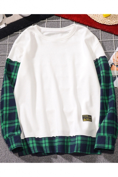 Mens Fashion Cool Plaid Patched Long Sleeve Round Neck Hip Hop Loose Sweatshirt
