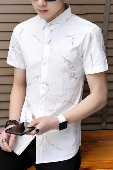 Mens Summer Stylish Pattern Fitted Short Sleeve Button-Front Oxford Business Shirt