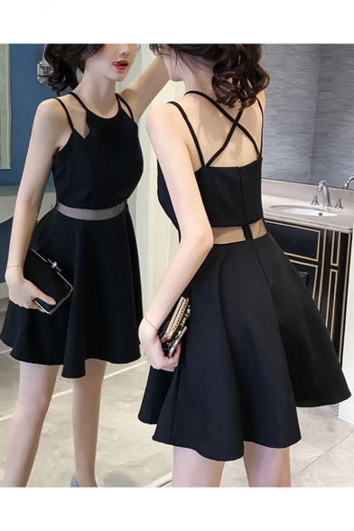 New Stylish Simple Plain Sexy Hollow Out Waist Mini A-Line Cami Dress for Women