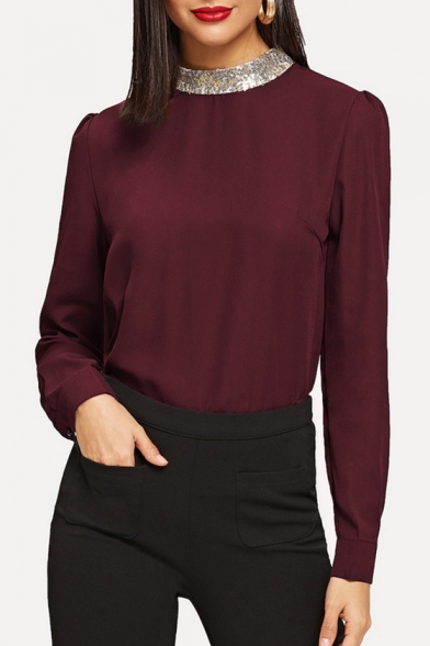 New Trendy Plain Sequins Stand Collar Long Sleeve Slim-Fit Chiffon Blouse