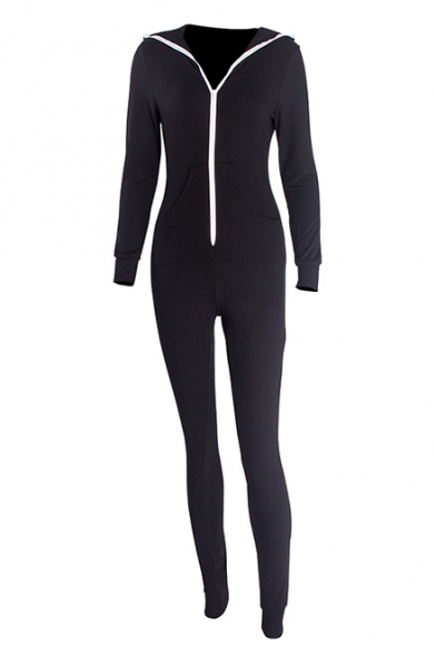 New Trendy Solid Color Hooded Long Sleeve Full Zip Slim Fit Jumpsuits