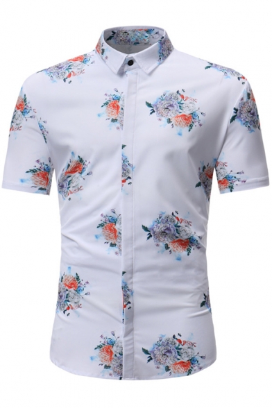 Summer New Fashion Floral Printed Mens Short Sleeve Slim Fit White Button-Up Shirt
