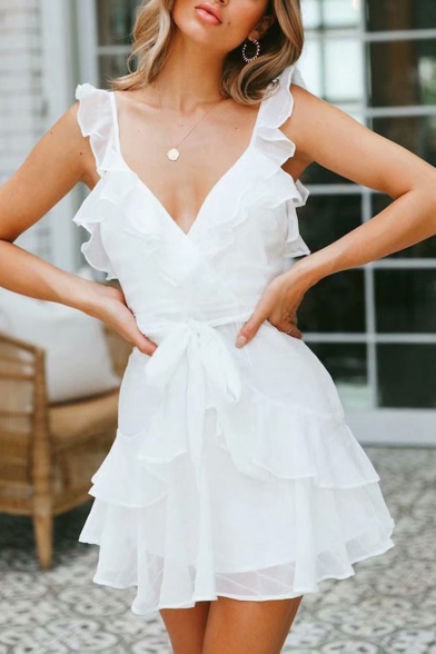 Summer New Stylish Simple Plain V-Neck Ruffled Hem Bow-Tied Waist Mini A-Line Dress
