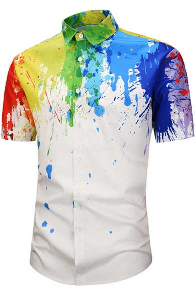 Summer New Stylish Splash Ink Print Guys Short Sleeve Casual White Shirt