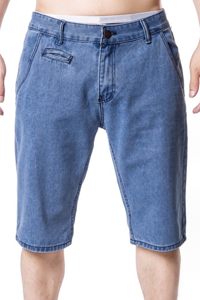 Summer New Trendy Simple Plain Mens Straight-Leg Casual Denim Shorts