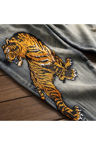 Tiger Embroidery Retro Bleach Wash Stretch Fitted Grey Ripped Jeans