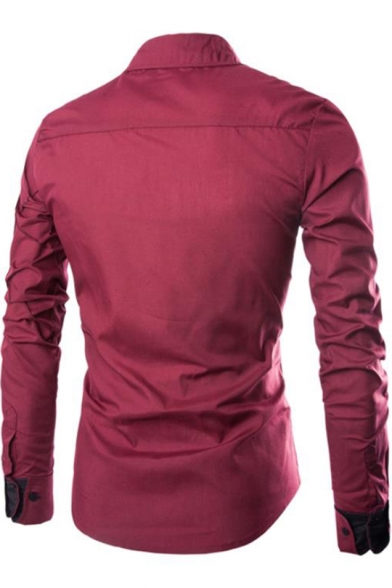 Unique Contrast Stitching Mens Long Sleeve Button-Up Plain Casual Shirt
