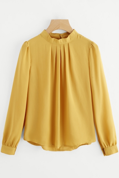 Women's Chic Simple Solid Color Stand-Collar Long Sleeve Loose Chiffon Blouse