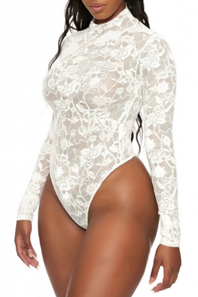Women's Mock Neck Long Sleeve Slim Fit White Hollow Out Lace Bodysuit