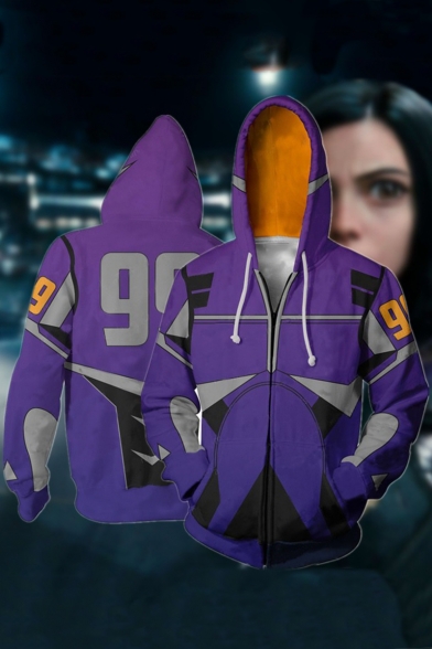 Alita Battle Angel Cosplay Costume 3D Printed Long Sleeve Zip Up Hoodie in Purple