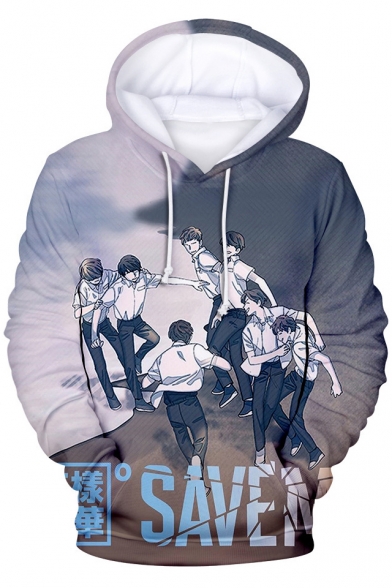 Boy Band Comic Character 3D Letter Printed Long Sleeve Sport Relaxed Fit Pullover Unisex Hoodie