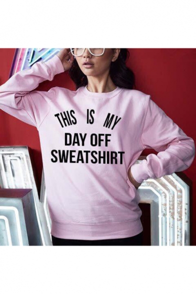 Casual Long Sleeve Crewneck Letter THIS IS MY DAY OFF SWEATSHIRT Printed Pink Sweatshirt