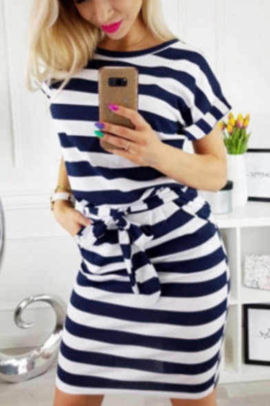 Classic Fashion Striped Printed Round Neck Short Sleeve Tied Waist Mini T-Shirt Dress
