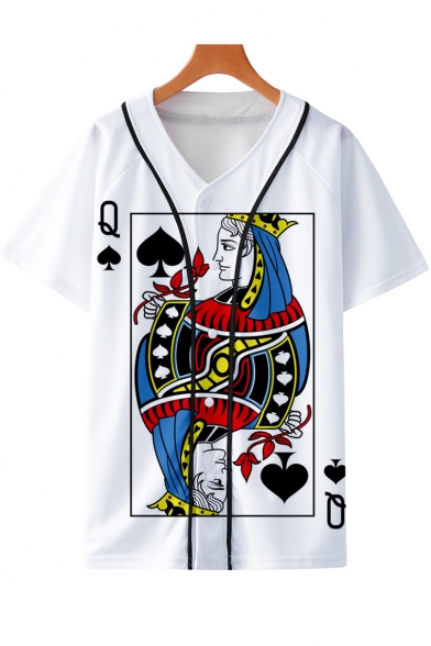 Cool Funny 3D King Queen Poker Card Print Short Sleeve Button-Down Casual Baseball Shirt