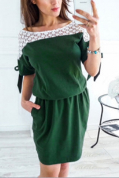 Fashion Sexy Hollowing Out Lace Patchwork Tied Waist Half Sleeve Mini Sheath Dress