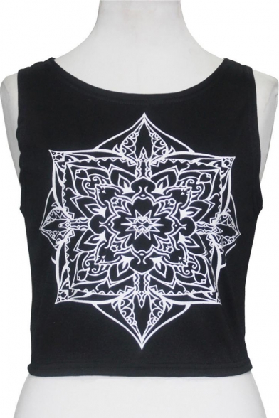 Fashion Simple Floral Totem Printed Round Neck Sleeveless Cropped Tank Top