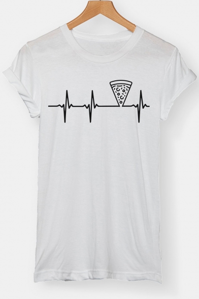 Funny Electrocardiogram Pizza Printed Basic Simple Short Sleeve Loose T-Shirt