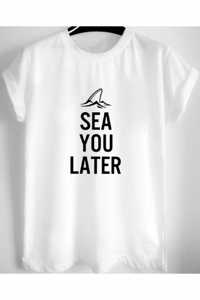 Funny Letter SEA YOU LATER Summer Round Neck Short Sleeve Basic Cotton White Tee