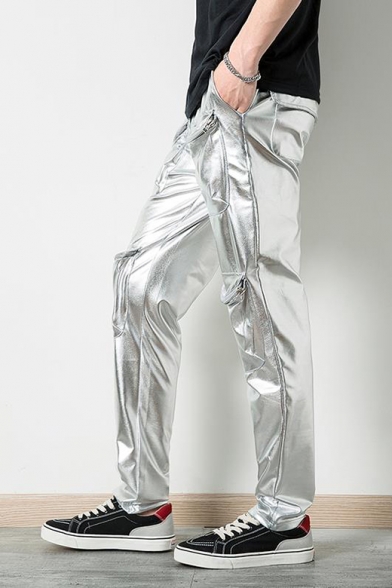 Guys Cool Metallic Color Drawstring Waist Multi Zip-Pocket Hip Hop Fashion Pants