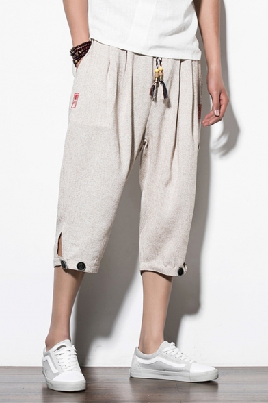 Guys Summer Fashion Heather Color Drawstring-Waist Button Rolled-Cuff Loose Casual  Capri Pants Harem Pants - Beautifulhalo.com