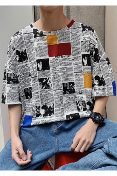Guys Summer Retro Newspaper Printed Half-Sleeve Street Fashion Oversized T-Shirt