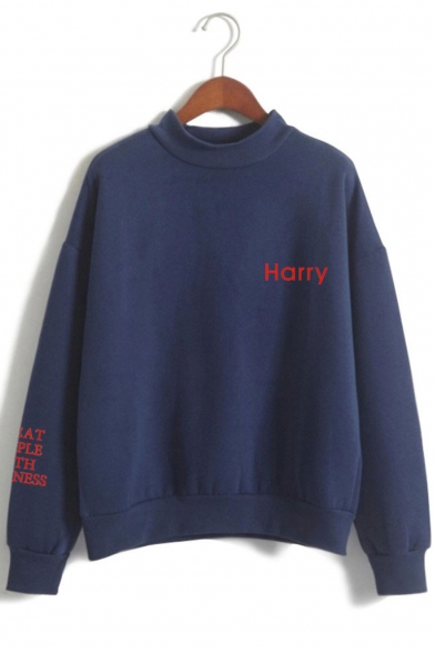 Harry Styles Simple Letter Printed Mock Neck Long Sleeve Loose Fit Sweatshirt