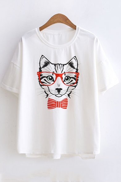 Lovely Cartoon Bow-Tied Cat with Glasses Cotton Loose Fit T-Shirt