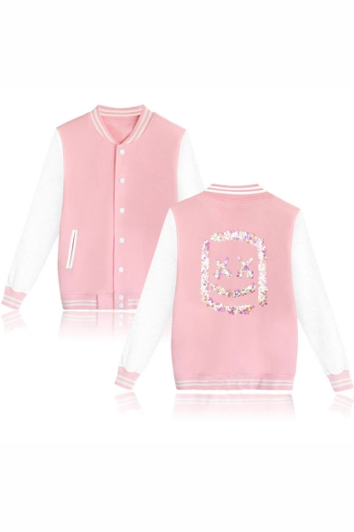 New Stylish Sequined Smile Face Stand-Collar Button Down Colorblock Baseball Jacket