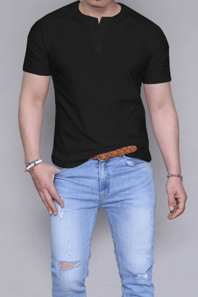 Men's Basic Simple Plain Short Sleeve V-Neck Loose Fitted Henley Shirt