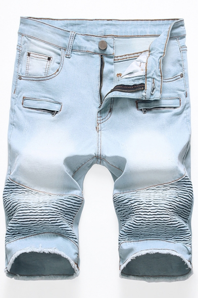 Men's New Stylish Cool Zipper Pleated Crumple Detail Vintage Style Slim Fit Denim Shorts (Pictures for Reference)
