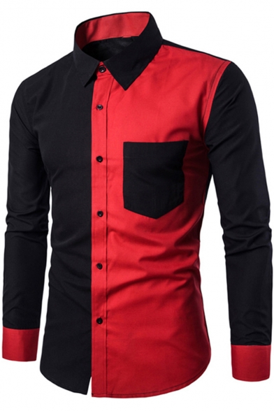 Men's New Stylish One Pocket Patched Colorblocked Fitted Black and Red Shirt