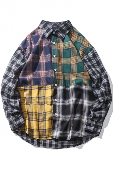 Men's Street Style Patched Colorblock Plaid Printed Casual Loose Long Sleeve Cotton Shirt