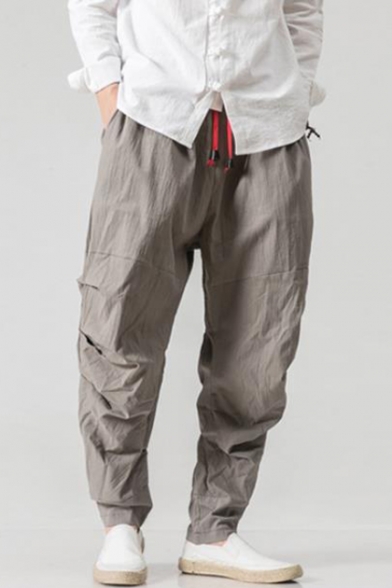 Men's Unique Ruched Detail Drawstring Waist Plain Linen Loose Harem Pants