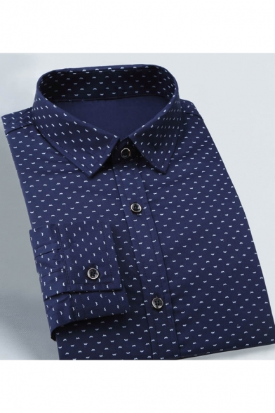 Mens Fashion Allover Polka-Dot Printed Long Sleeve Wrinkle-Free Fitted Button-Up Formal Shirt