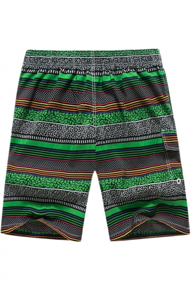 Mens Summer Fashion Tribal Print Striped Pattern Drawstring Waist Quick Dry Casual Beach Swim Trunks